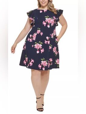 Jessica Howard Navy Floral Flutter-Sleeve Mini Dress